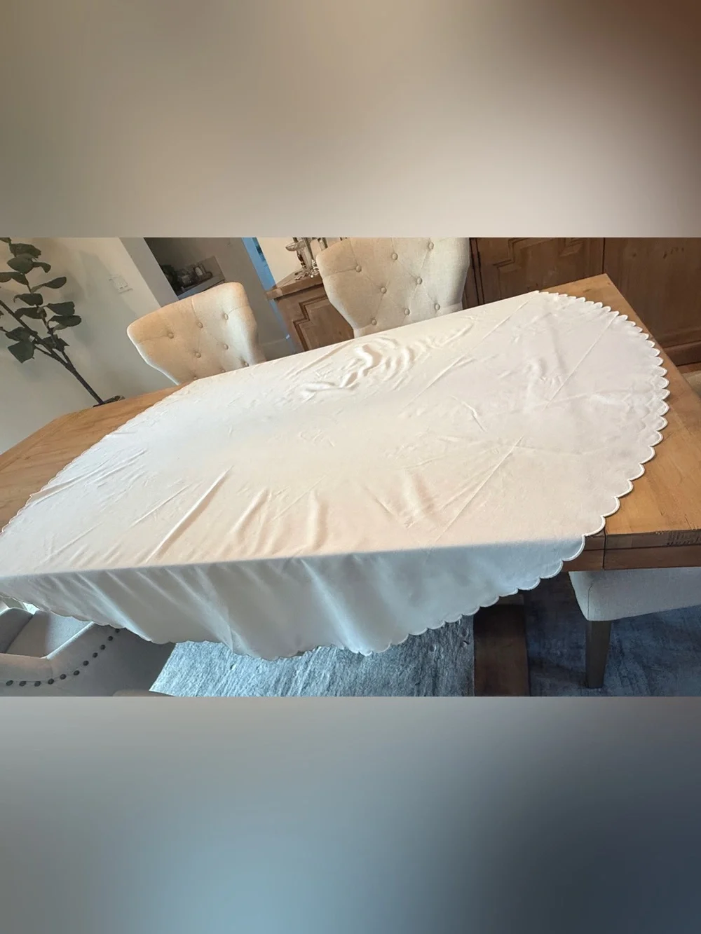 Made in Portugal 66” Round Tablecloth cream Scalloped Edge Linen Look Unused